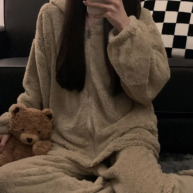 Winter Hooded Pajama Sets Women Warm Fluffy Sleepwear Comfortable Home Casual Plus Velvet Thicker Sweet Girls Lounge All-match