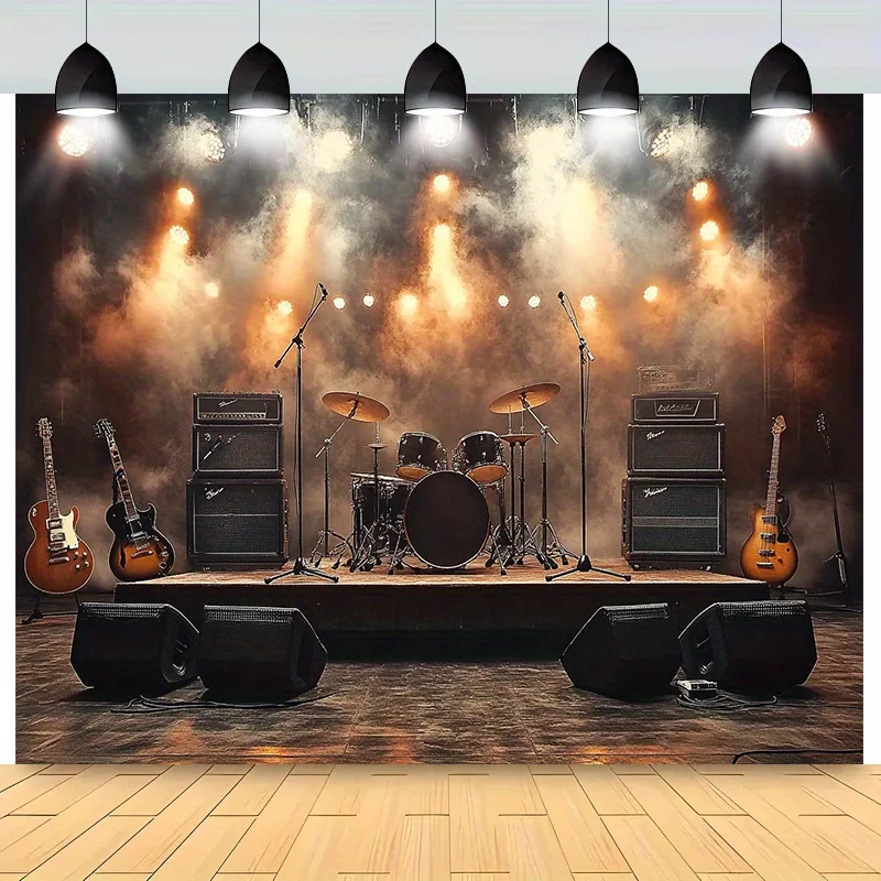 1-Party-Hintergrund mit Rockband-Motiv – Polyester-Banner mit Lautsprecher, Trommel und Mikrofon, Disco-Partyzubehör