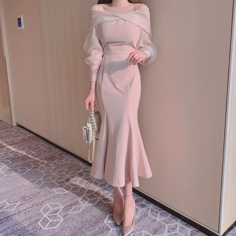 Sexy One Neck Off Shoulder Bubble Sleeves Waist Tie Long Sleeve Fishtail Dress Pink Black Wrap Hip Robe Femme Summer 2024