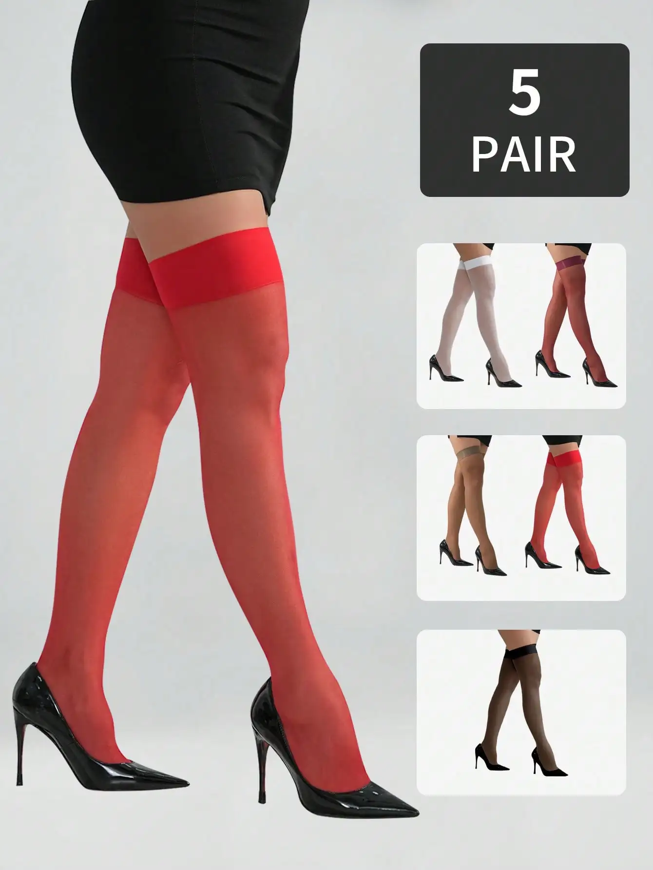 5Pairs Multi-Color Wide Cuff Sheer Thigh High Socks Ultra Thin Stretch Sexy Daily Stockings Spring Summer Autumn