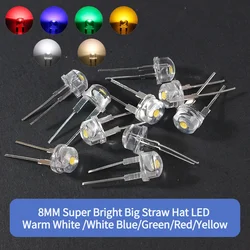 20-50 pz F8 grande cappello di paglia LED diodo 8MM Super luminoso Led luci diodi-bianco caldo/bianco blu/verde/rosso/giallo, 0.3W/0.5W/0.75W