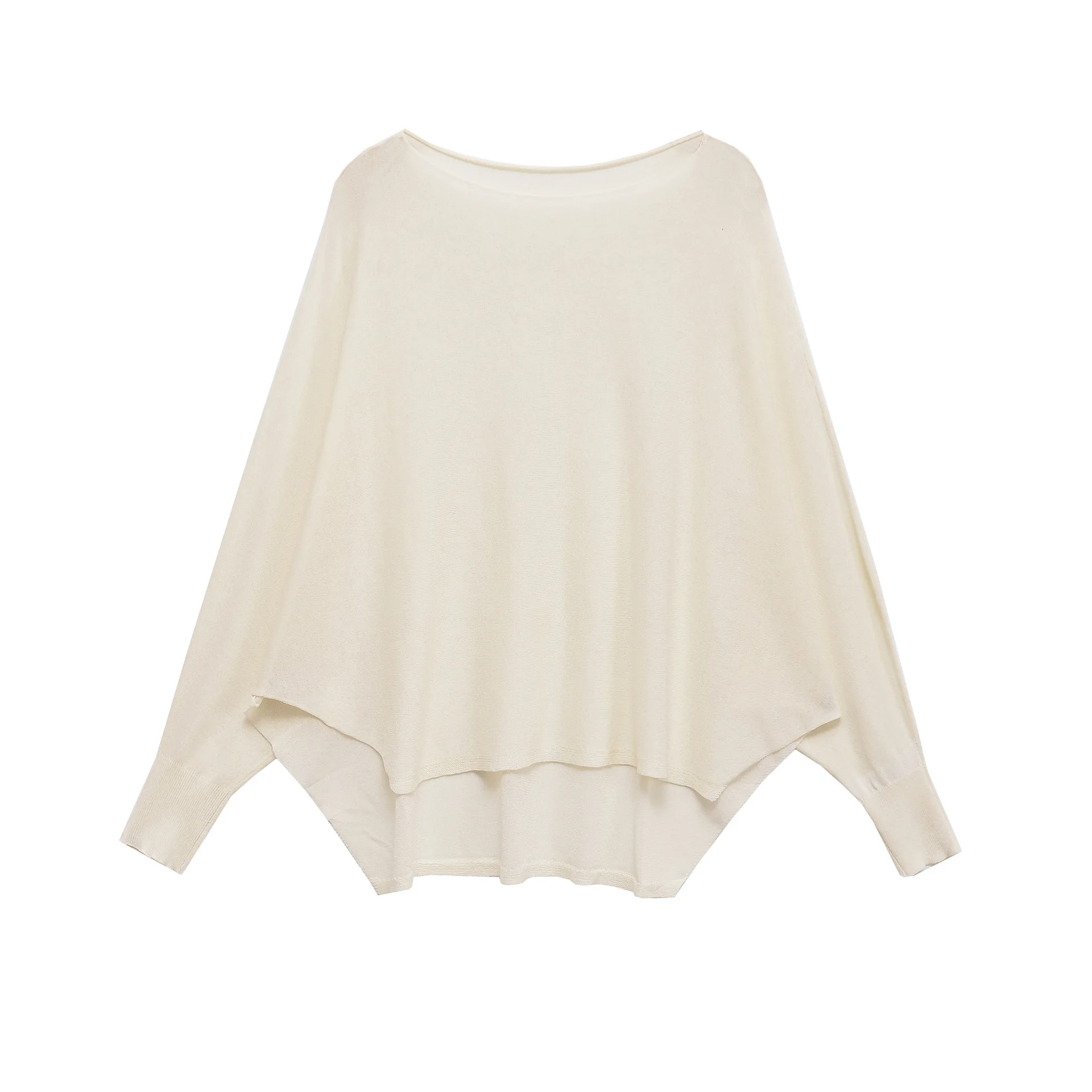 2025 New Beige Round Neck Long Sleeve Loose Knit Sweater Women Front Short Back Long Irregular Hem Fashion Top