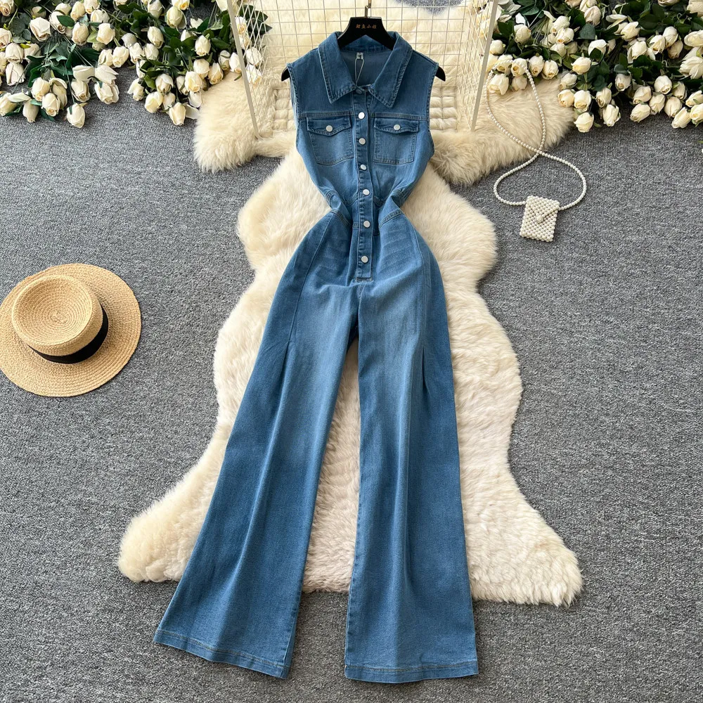 

Jumpsuits Women Denim One Piece Turn Down Collar Sleeveless Overalls Long Pants Tight Waist Rompers Y2k Streetwear Work 2026