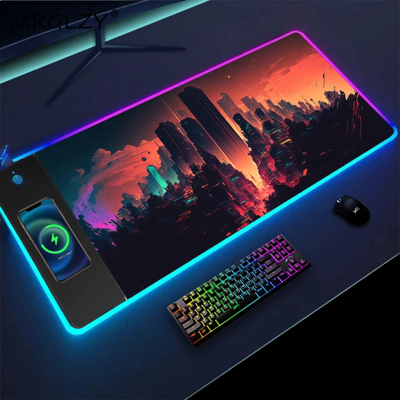 

Wireless Charging Office Mousepad Abstract Cityscape Desk Accessories Speed Mouse Pad Gaming Pc Gamer Minimalist Futuristic