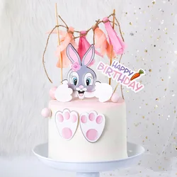 Cute Bunny Birthday Cake Toppers Rabbit Birthday Theme Party Cake Decorations for Girl Boy Easter Party Decorations Cake Flags
