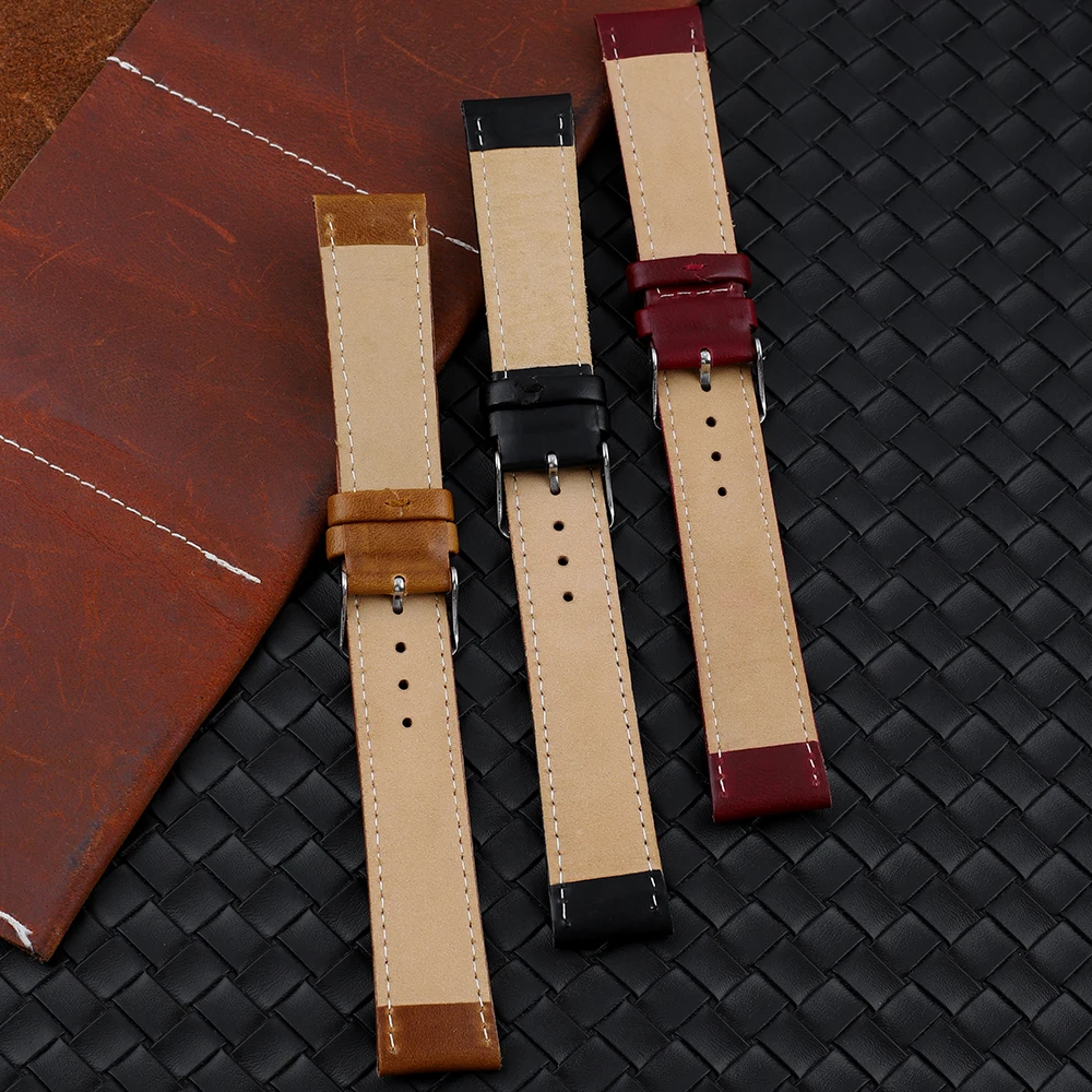 Genuine Leather Watchbands 20mm Watch Band Strap Steel Pin Buckle High Quality Black Brown Red Wrist Belt Bracelet