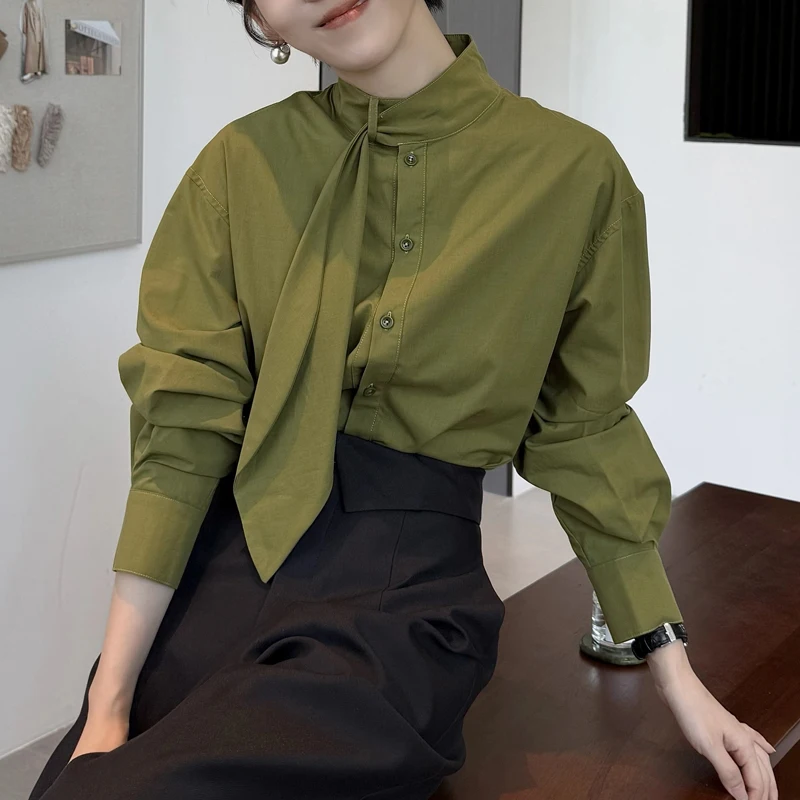 

Vintage Women's Blouses Solid Color Bow Vintage Shirts Fashion Loose Spring/Summer Clothing Long Sleeve Stand Women Tops