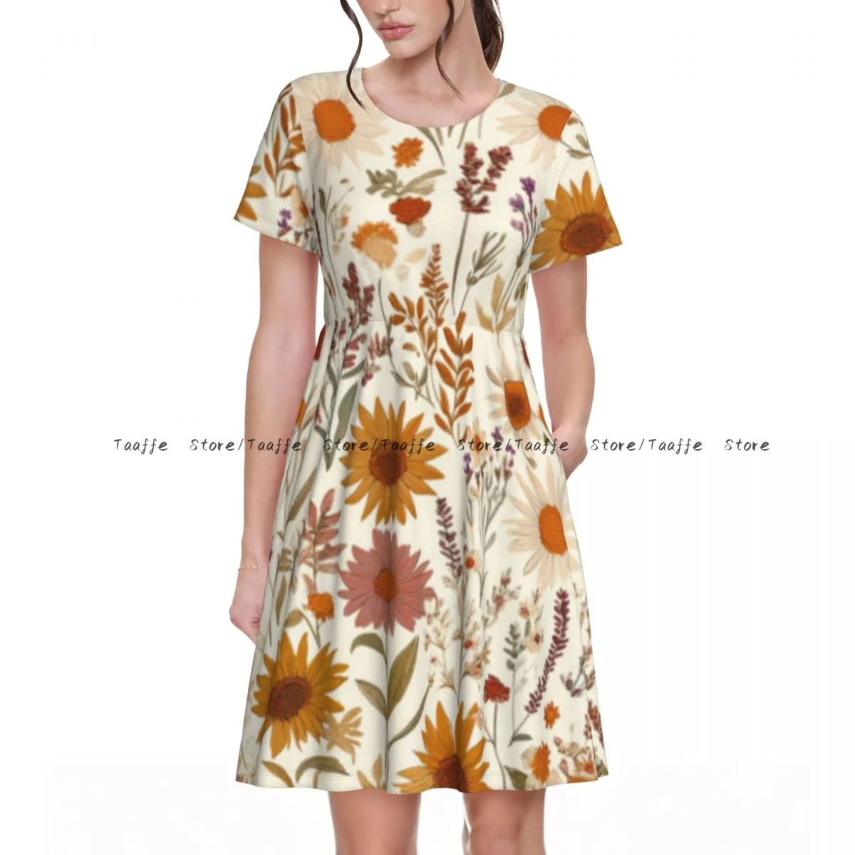 Summer Women's Short Sleeve Waist Dress Women Whimsical Boho Floral Illustration Daisies Round Neck Casual Dress