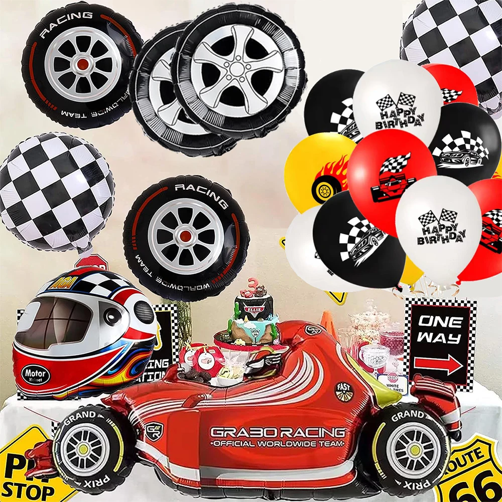 Racing Car Black and White Checkered Tableware Plates Cups Napkins Pennant Foil Balloon Boys F1 Racing Birthday Party Decoration