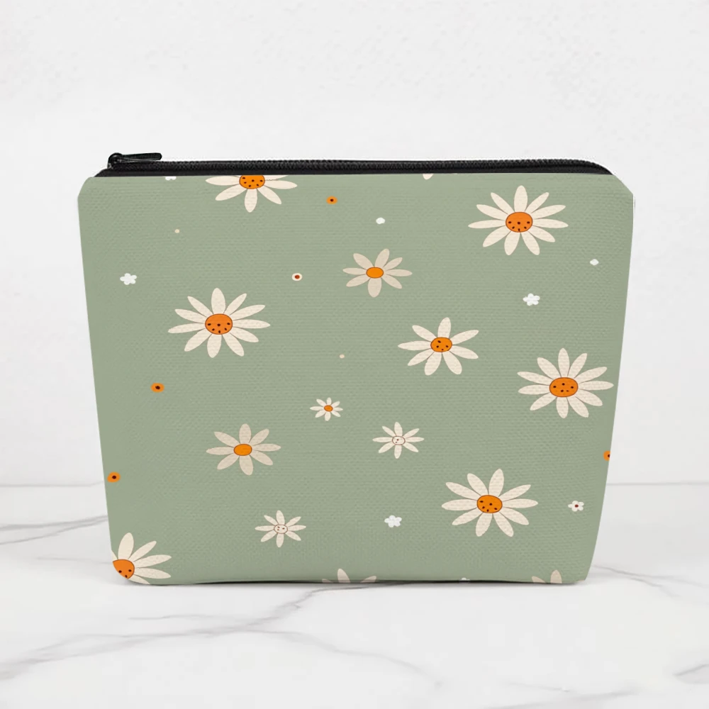 Daisy Pattern With White And Orange Flowers Makeup Bags for Girls Cosmetic Pouch Toiletry Bag Pencil Case Travel Storage
