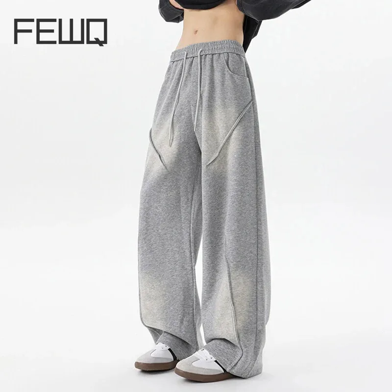 FEWQ American Style Men's Casual Sweatpants Deconstruction Washing Drawstring Elastic Waist Solid Color Wide Leg Pants 24K1218