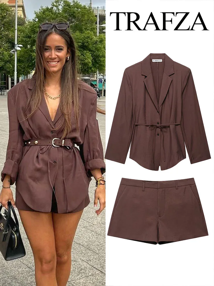 

TRAFZA Women Summer Fashion Lapel Long Sleeve Single-Breasted Belt Decorate Blazer Coat+Mid Waist Side Pocket Zipper Shorts Suit