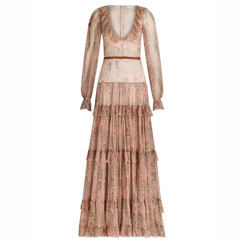 Vestidos bohemios informales para mujer, vestido de noche elegante con cuello en V, volantes, cintura alta, malla estampada, plisado, largo, Otoño,