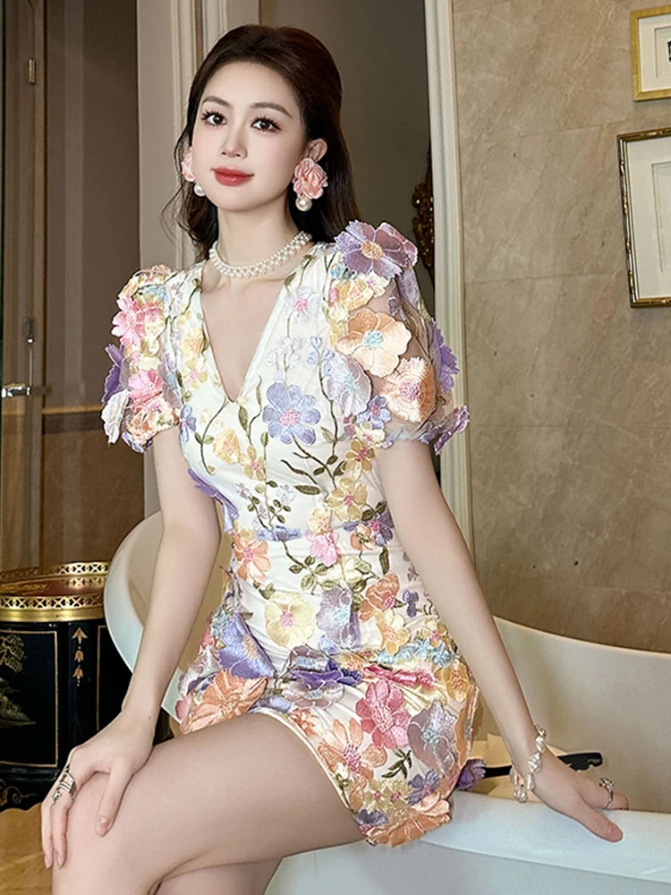 Summer Sweet Floral Evening Dress Women Clothes Mujer Elegant Chic Sexy Puff Sleeve Slim Vacation Holiday Party Birthday Vestido