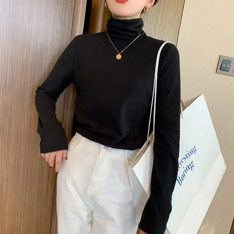 Herbst Winter Rollkragen Lange ärmeln Innen T-shirts Frauen Polar Fleece Warme Tops Koreanische Feste Hemd für Mädchen