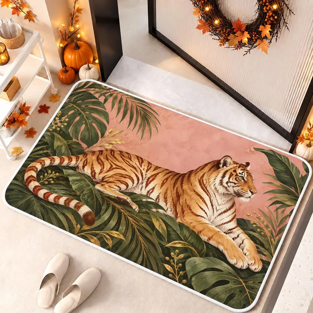 Wild Cat Elegance Floor Mat Soft Flannel Floor Mat Cloud Feel Non-slip Bath Rug Machine Washable Foam Carpet Door Mat