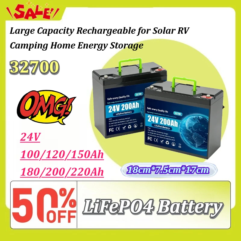 24V LiFePO4 Lithium Iron Phosphate Battery Pack 100Ah-220Ah Large Capacity Rechargeable for Solar RV Camping Home Energy Storage