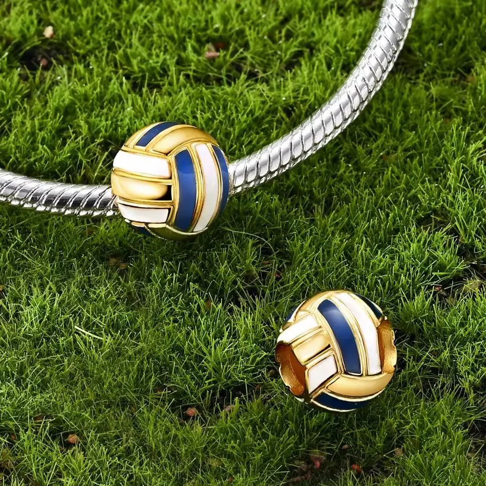 

Original 925 Sterling Silver Charm Bead Golden Volleyball Fit Bracelet Making Sport for Women Girl Fashion Jewelry