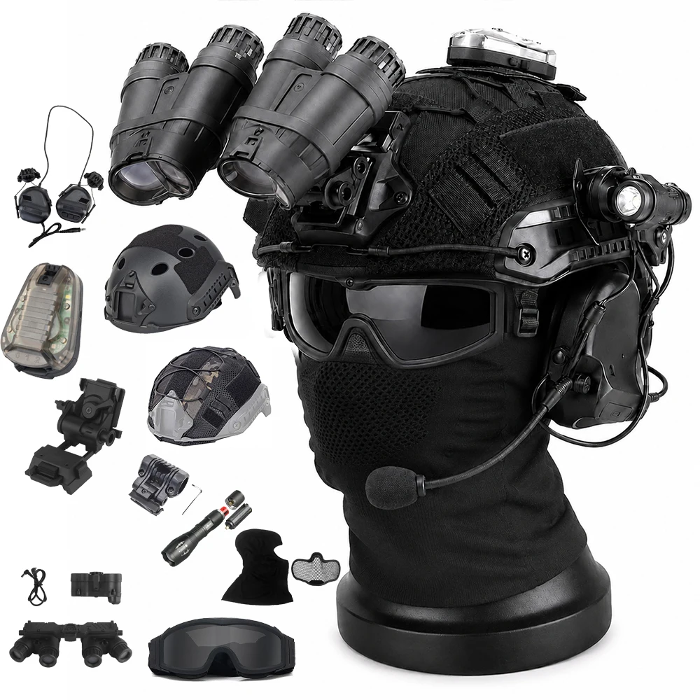 

Tactical Helmet Set Airsoft Helmet Kit with NVG Dummy Model L4G24 Mount Headset Flashlight Signal Light for CS Paintball Cosplay