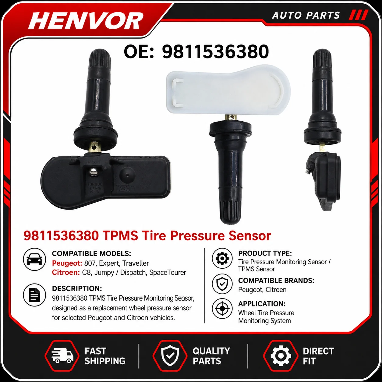 9811536380 TPMS Tire Pressure Sensor for Peugeot Citroen C8 Wheel Pressure Monitoring System