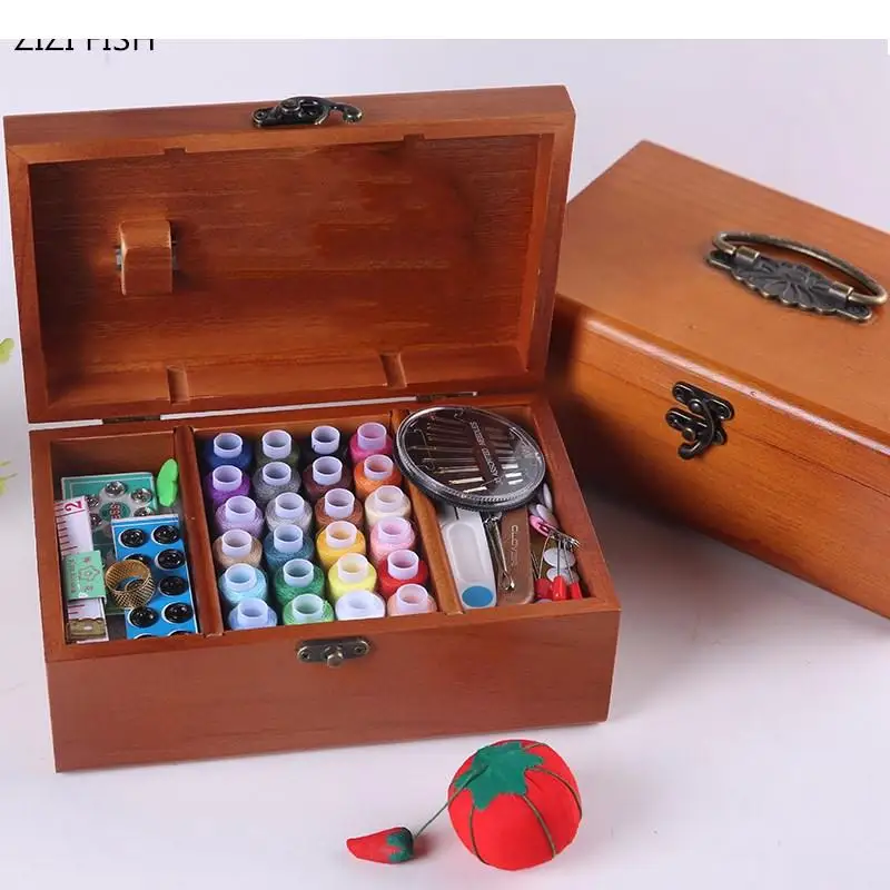 

Wood Box Sewing Kit Needle Tape Scissor Multifunction Threads Sewing DYI Tools Accessory Sewing Kits Home storage box solid wood