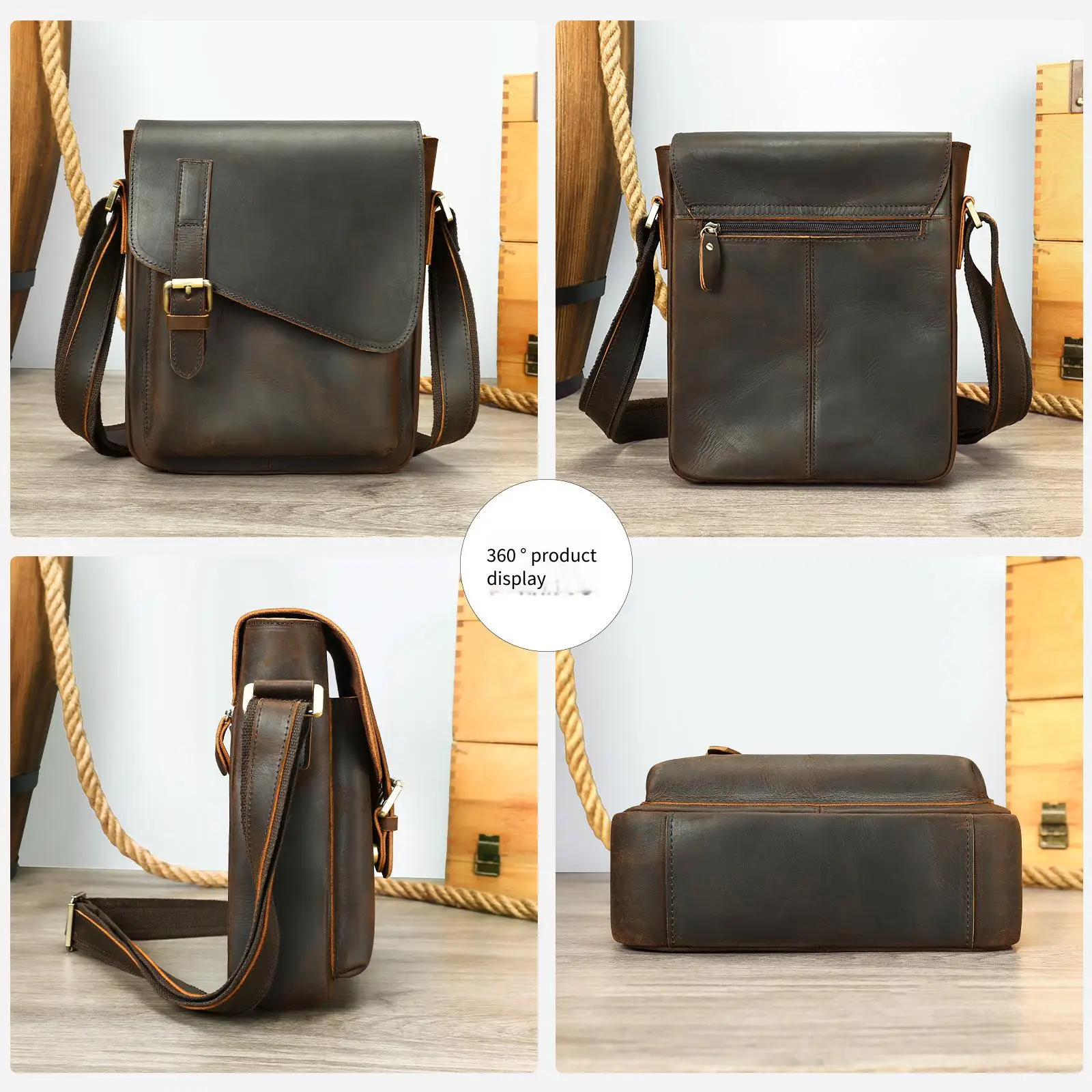 Mens Genuine Leather Crossbody Bag Crazy Horse Vintage Shoulder Bag Premium Sling Bag Stylish Messenger Bag