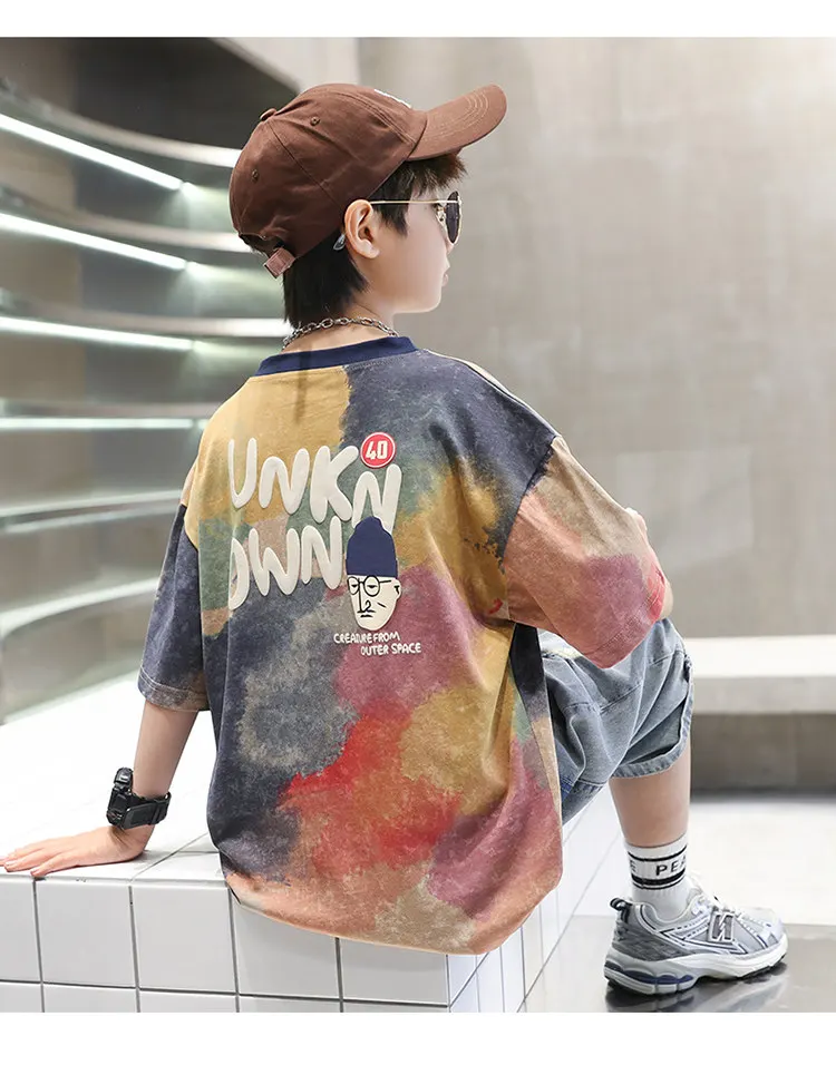 Sommer Tie-Dye Coole Kinder Jungen Freizeit-Oberteile Bedrucktes Trendiges Kinder-T-Shirt Kurzarm Teenager-T-Shirts Baumwoll-T-Shirt 4-14 Jahre Alt – Detail 12