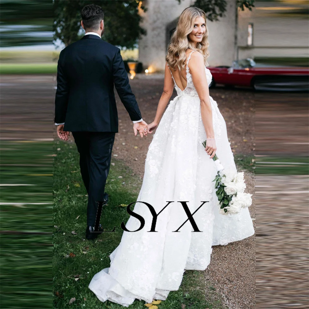 LSYX Square-Neck Sleeveless Appliques A-Line Tulle White Wedding Dress Open Back Court Train Bridal Gown Custom Made