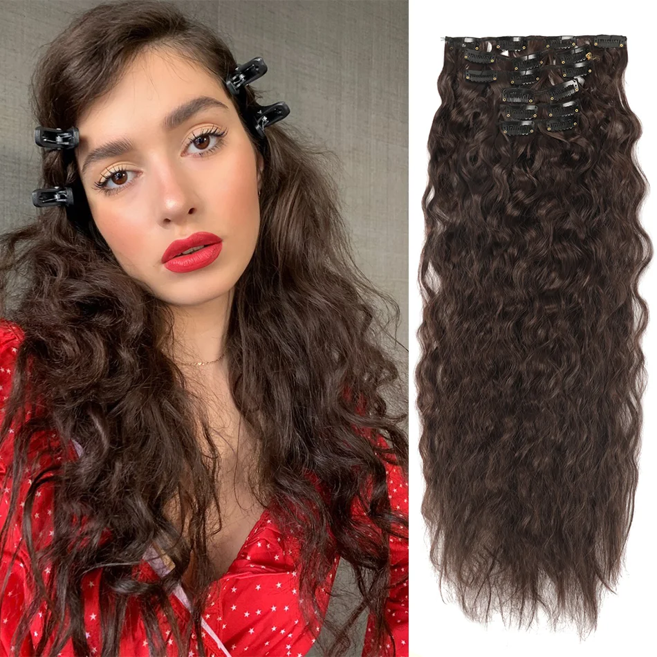 BOL Synthetic Clip in Hair Extension Long Corn Wave Synthetic Hair for Women 6Pcs 16Clips 22Inch Curly Fake Hairpiece for Women