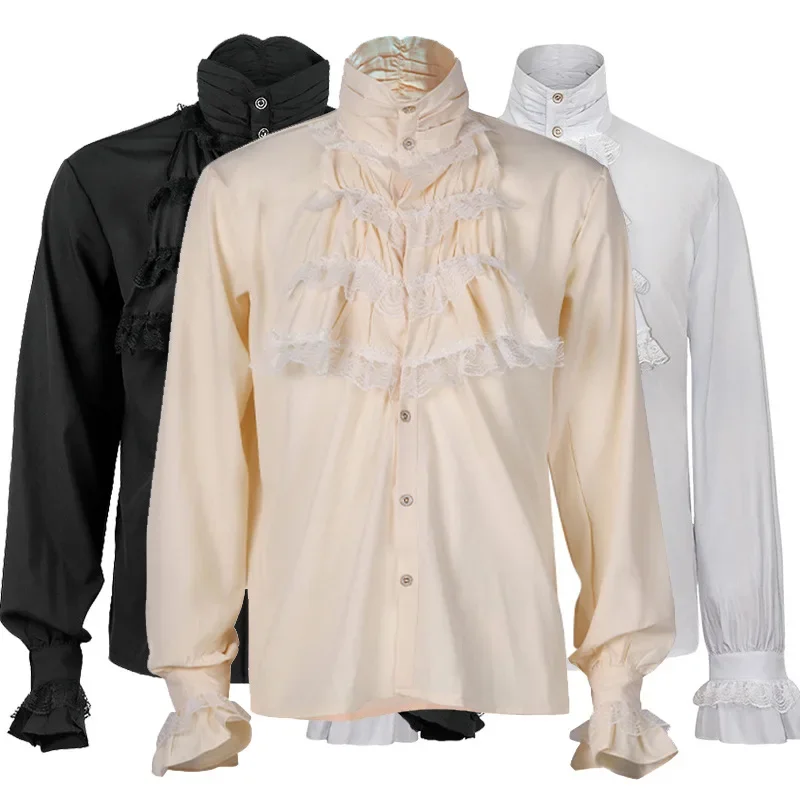 2025 New Fashion Ruffled Edge Stand Collar Long-sleeved White Gothic Shirt for Men and Women,beige Pleated Cuffs Unisex Camisa