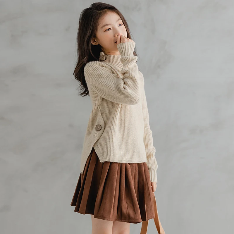 5-14Y Kids Clothes 2023 Spring Solid Color Sweaters for Girls Knitwear Turtleneck Pullover Outerwear Teenage Children Clothing