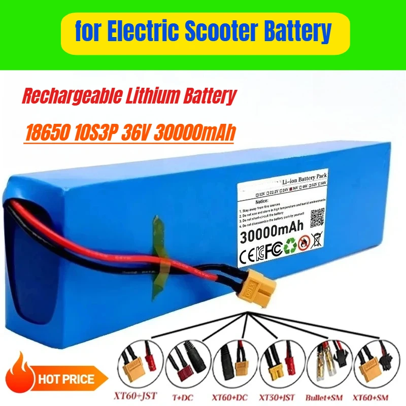 

18650 10S3P 36V 30000mAh Rechargeable Lithium Battery Pack 500W for Electric Scooter Battery with BMS, XT60 JST