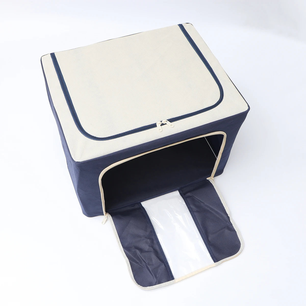 

Storage Box With Steel Frame 100L Blue Beige Double Zipper Organizer For Clothes Blankets Quilts Foldable Sorting Box Foldable
