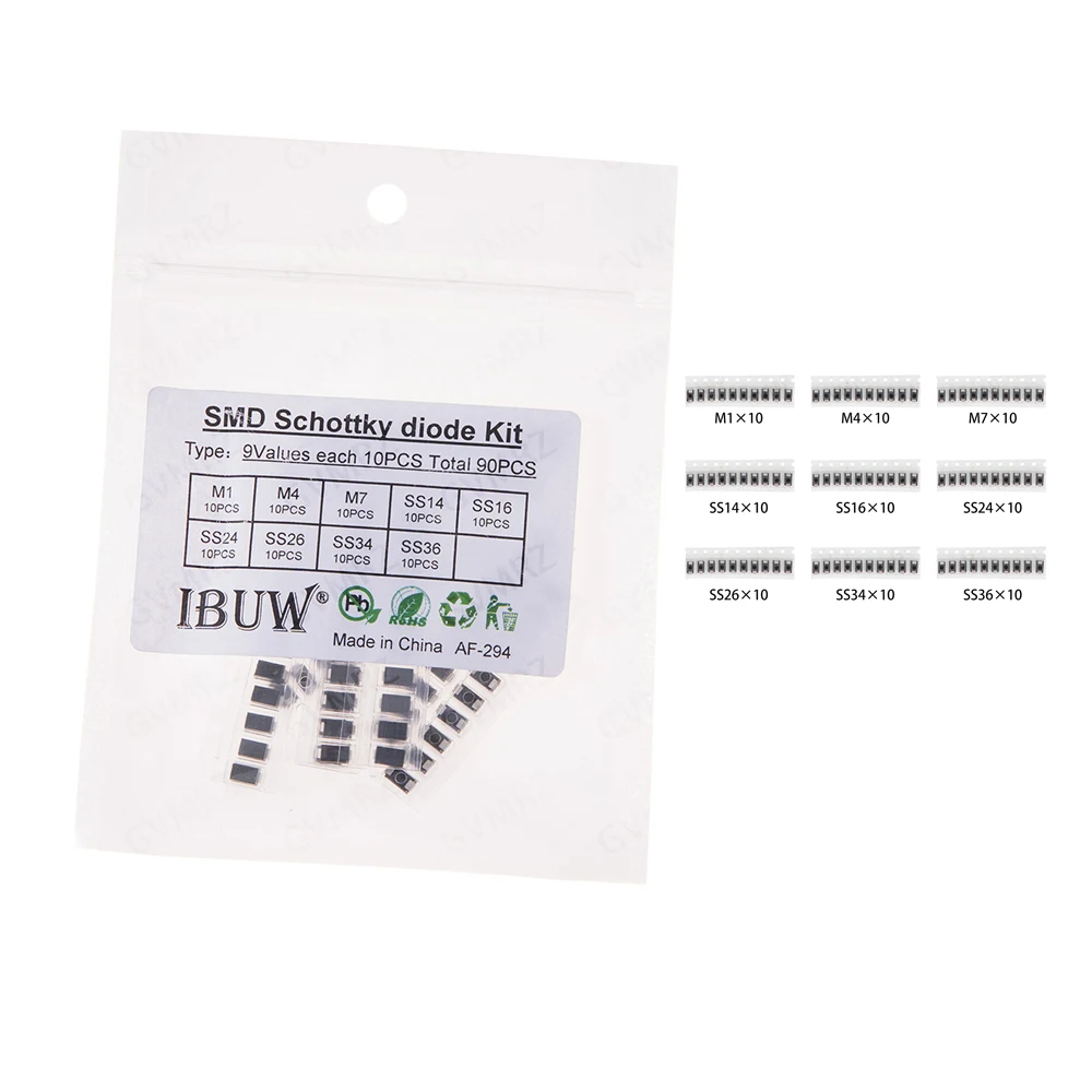 90PCS 9Values SMD Schottky Diode Kit M1 M4 M7 SS34 SS36 for Electronic Rectification Projects SS14 SS16 SS24 SS26