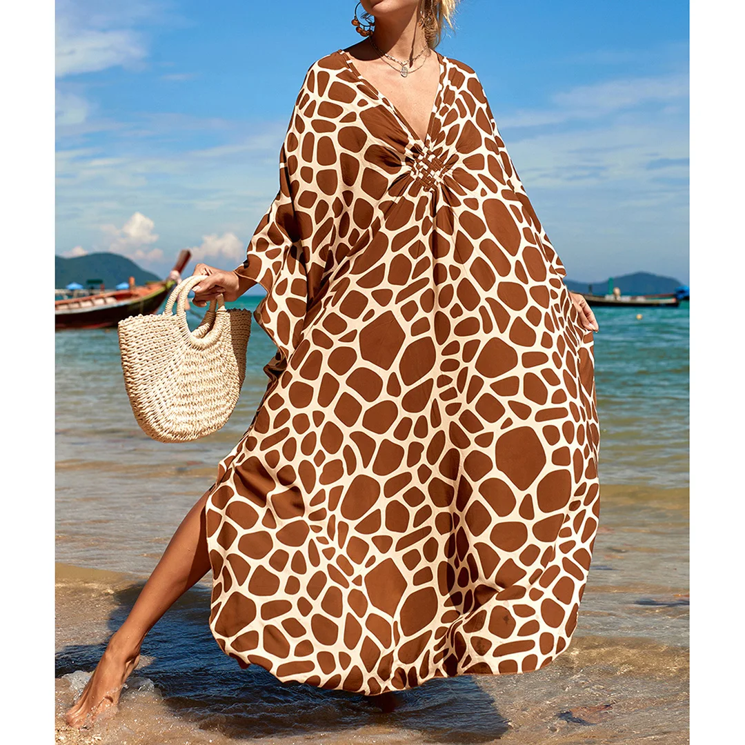 Sexy Tunika mit Zebra-Muster und V-Ausschnitt, Strandkleid, Strandmode, langes Strandkleid für Damen, V4159 – Detail 19