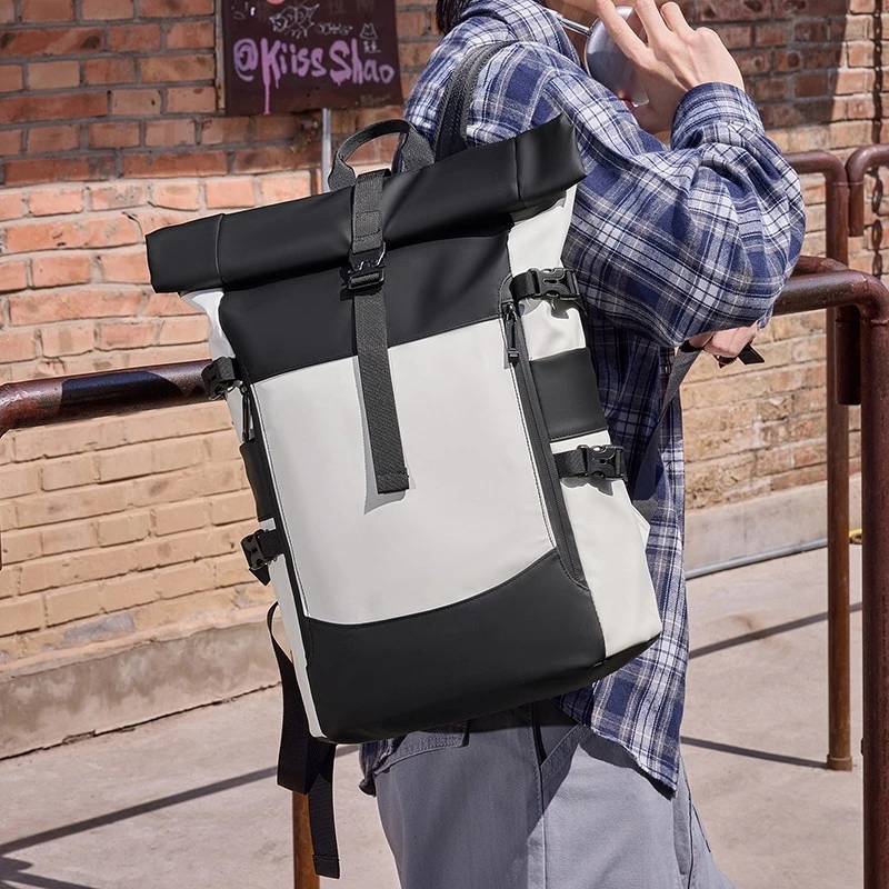 Roll-top Closure Backpack Unisex 23L Large Capacity Laptop Rucksack Multiple Secure Buckles Commuter Travel School Daypack