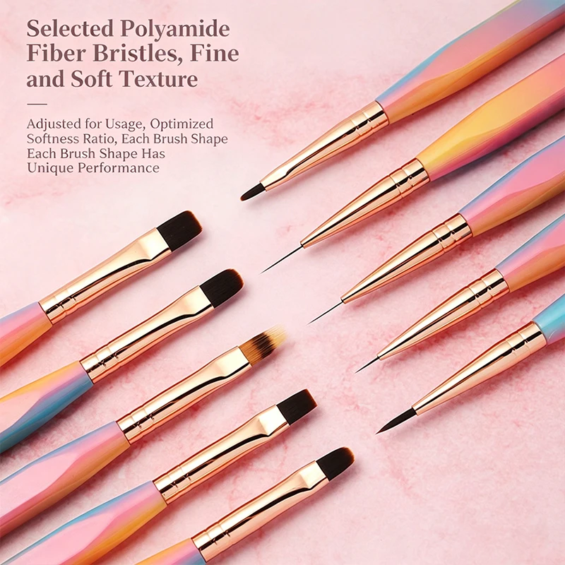 10Pcs Rainbow Gradient Square Nail Art Brush Set Soft Bristle With Caps For UV Gel Builder Liner Gradient DIY Nail Supplies