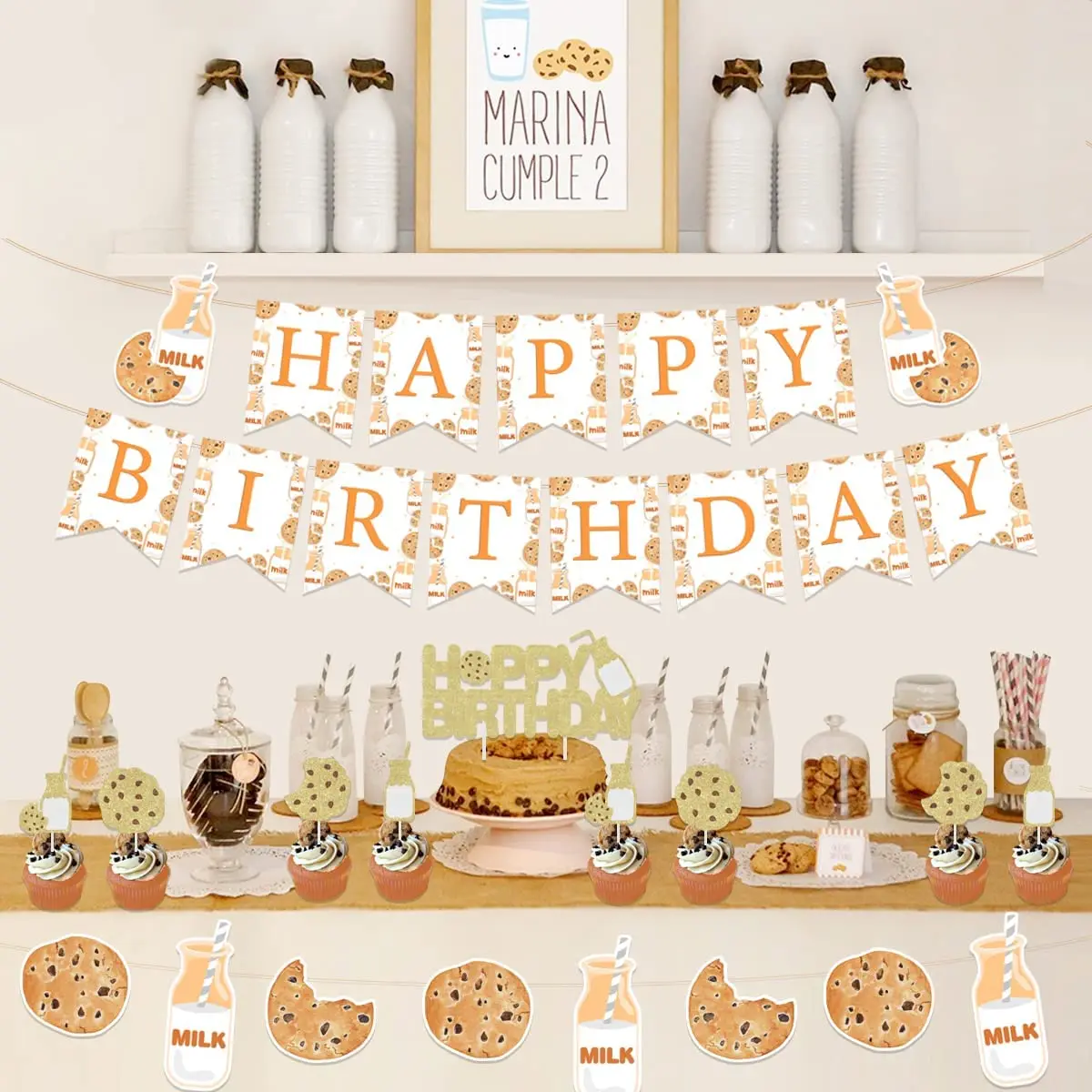 Milk and Cookies Theme Birthday Party Decorations Cookie Milk Banner Cake Topper Balloons for Kids 1st 2nd 3rd Birthday Supplies