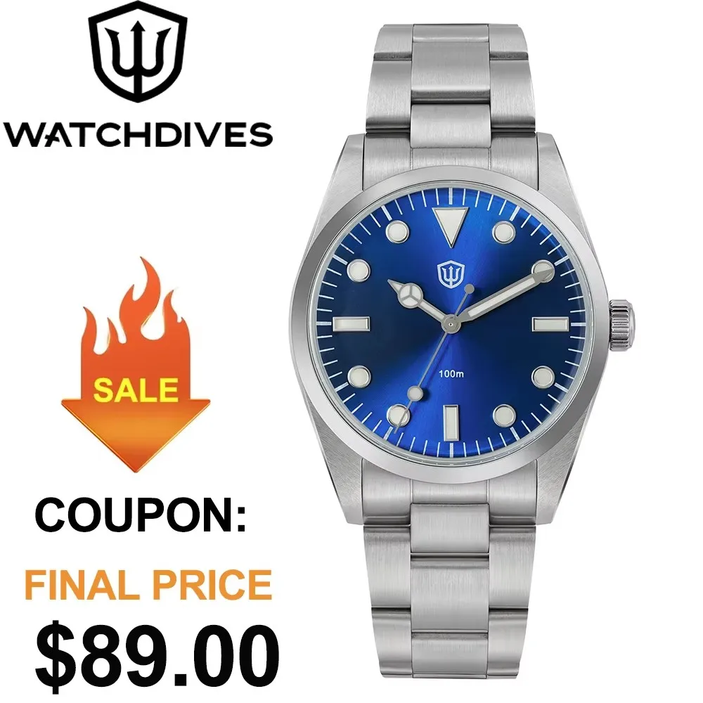 

Watchdives WD1016 V2 Мужские часы 37 мм Классические VH31 Кварцевые часы из нержавеющей стали Водонепроницаемые 100 м BGW9 Светящиеся часы для дайвинга