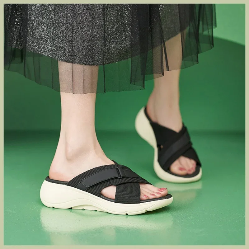 2024 Summer Women 2cm Platform 5cm High Heels Slippers Lady Fashion Lightweight Leisure High Heels Female Green Barefoot Shoes