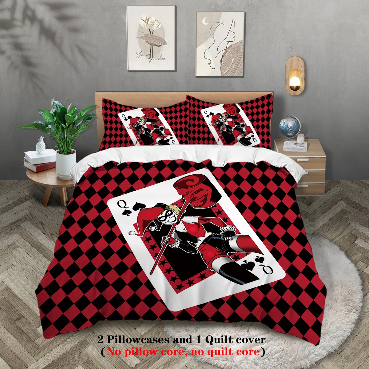 3pcs Harley Quinn comic theme print 1 quilt cover + 2 pillowcases skin-friendly, breathable, warm, anti-pilling, bedding set