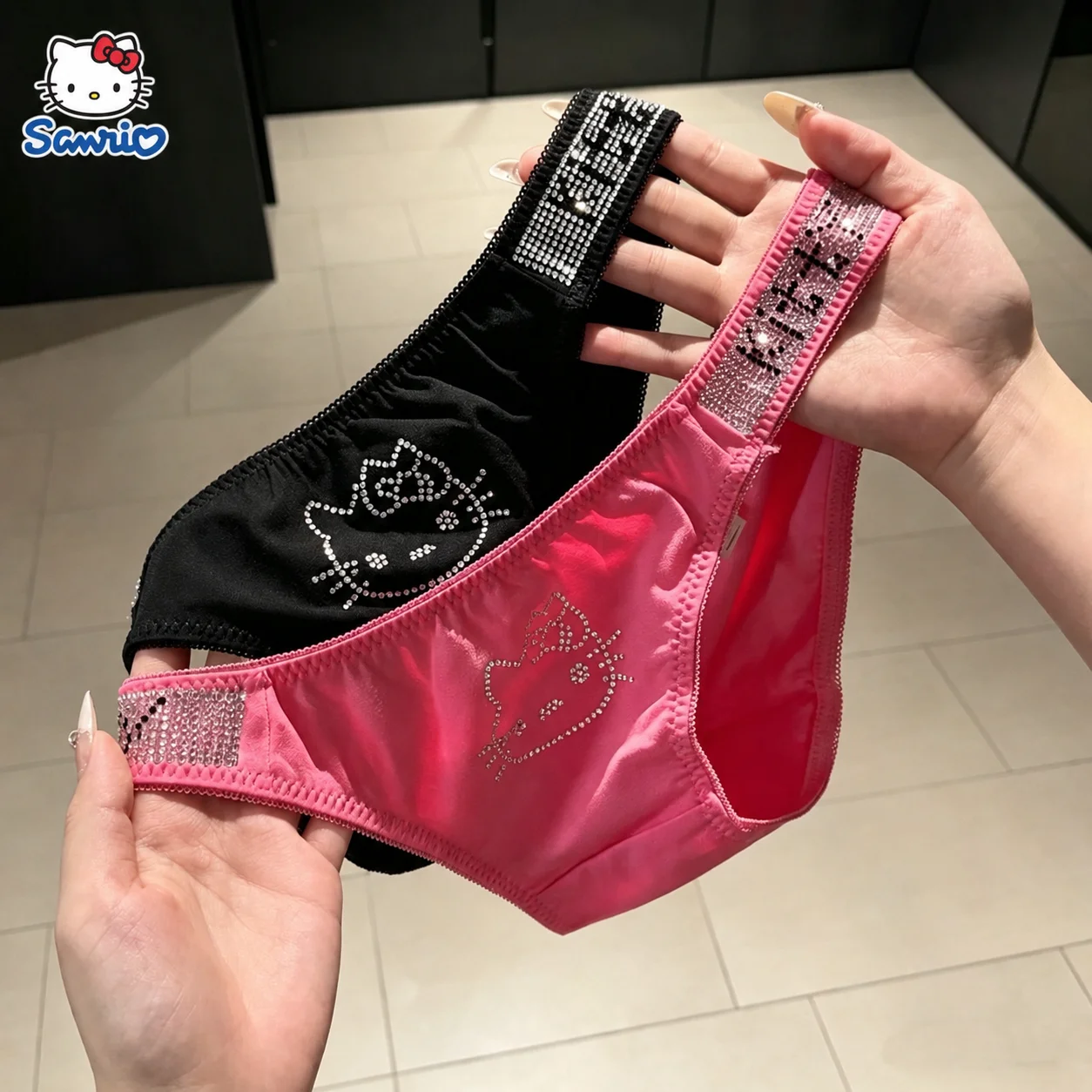 Sanrio Hello Kitty Strass-Baumwoll-Bikini-Slip mit Niedrigem Bund für Damen, Dreieckige Unterhose, Weiche Sexy Mädchen-Slips, Süße Pikante Intim-Unterwäsche