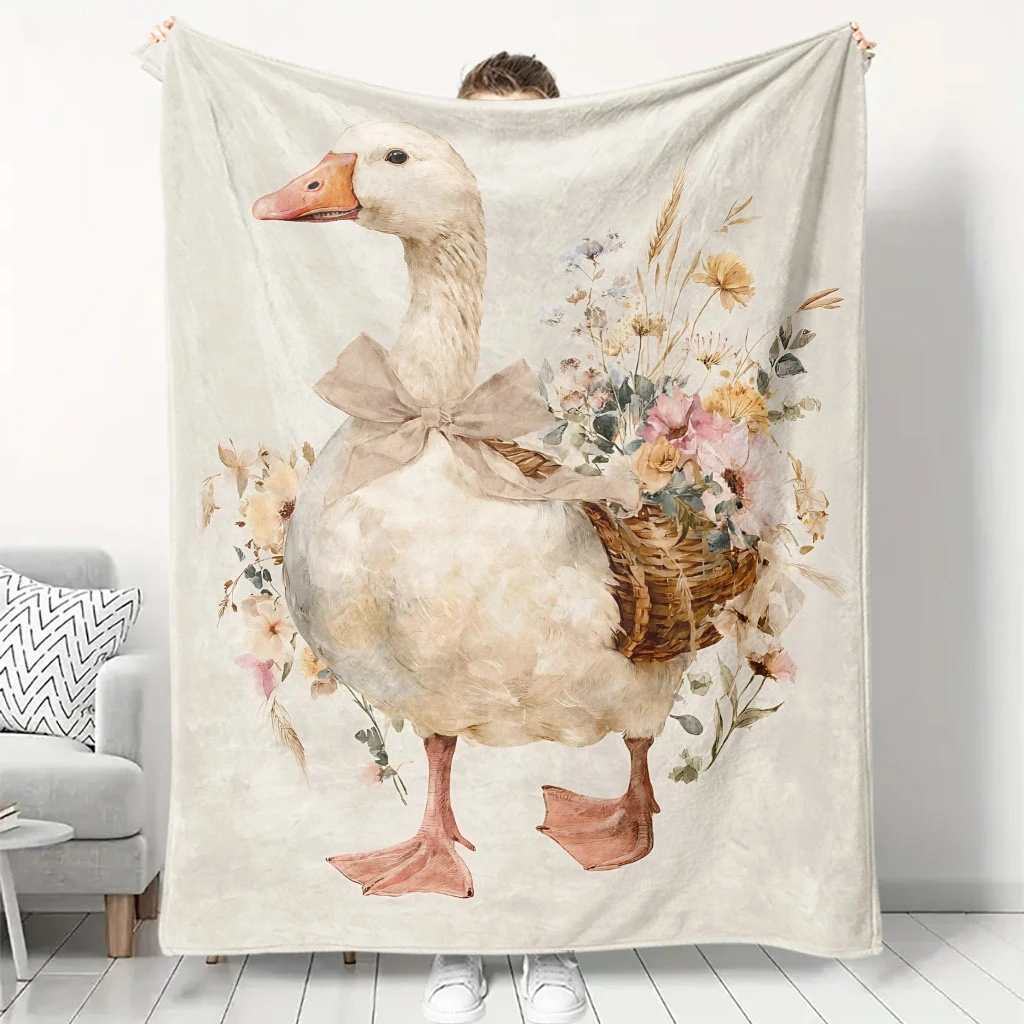 Cream Beige Base Watercolor White Goose Floral Basket Full Print Fluffy Throw Blanket, Warm Soft Couch Farm Cottage Home Gift