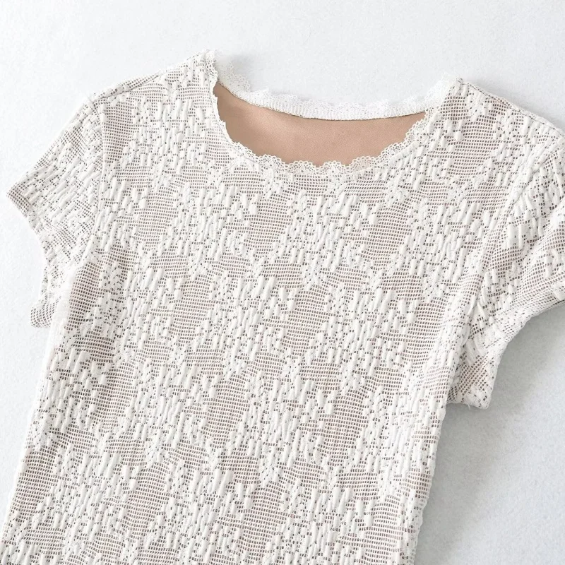Lace Short Sleeve T-Shirt round Neck Embellished Texture Bottom Hem Slimming Base Layer Top for Women Spring Season