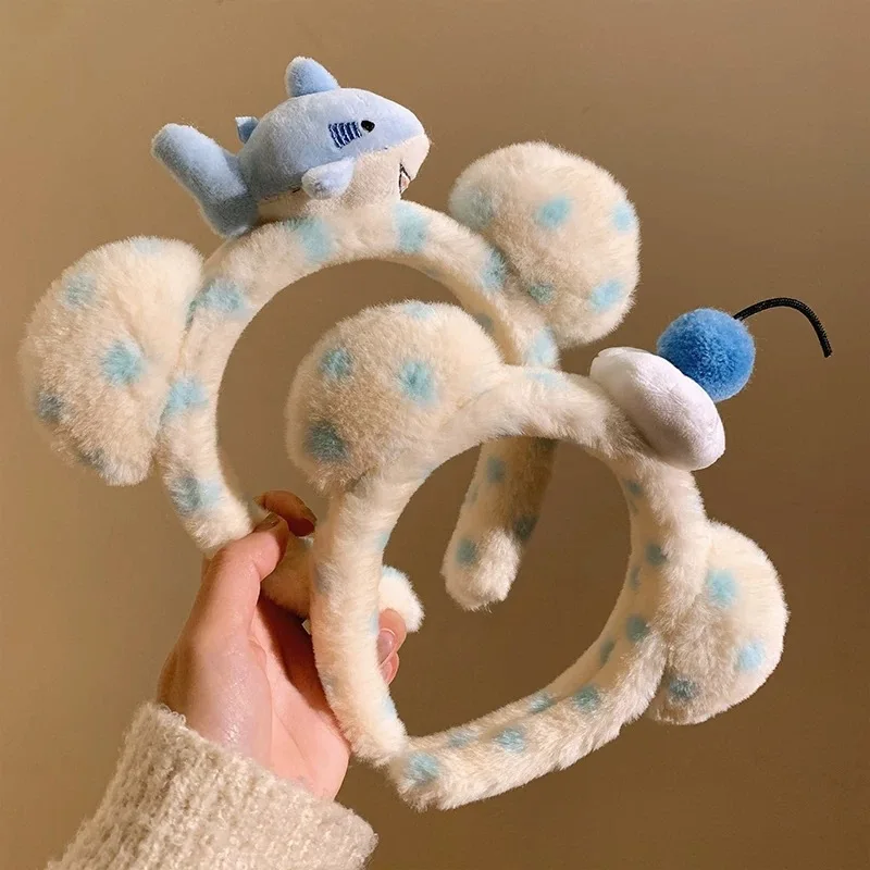 Cute Plush Polka Dot Shark Blue Cherry Bear Ear Hair Hoop For Women Girls Face Washing Makeup Amusement Park Birthday Photo Prop