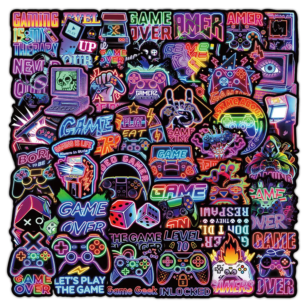 Neon Gaming Themed Sticker Pack 50 Sheets, Glow Effect Graffiti Stickers for Scrapbook, Skateboard RecordingYourLife Store