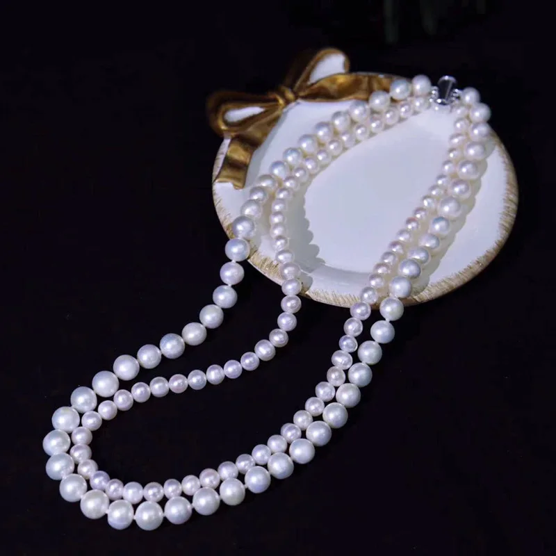 

Mother and Daughter Chain Large and Small Beads Stacked Natural Freshwater Pearl Necklace 6-8mm Simple Elegant Fashionable Tempe