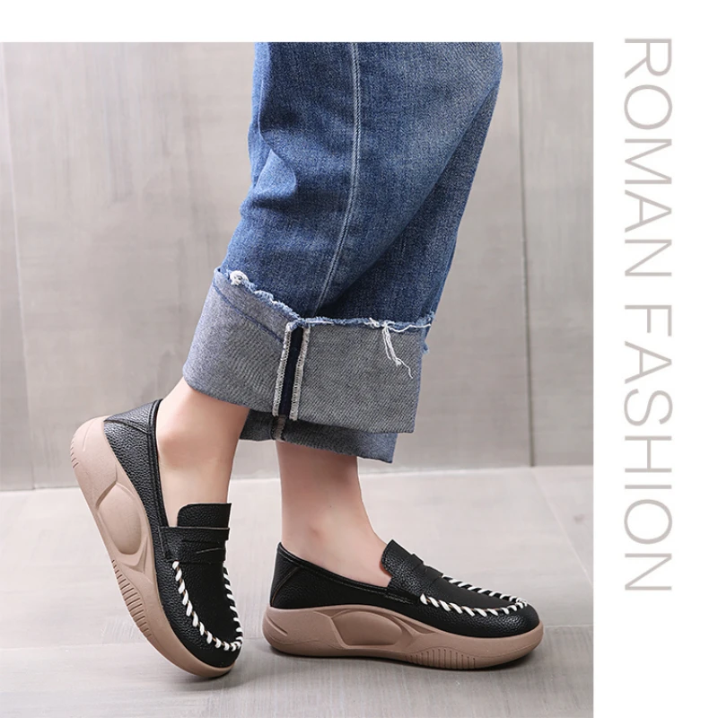 Round head fashion leather flat shoes women\'s outer seam platform shoes 2023 spring and autumn new