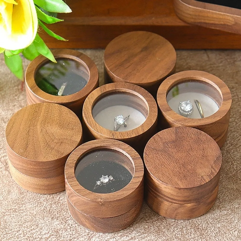 Portable 1/2 Slots Walnut Wood Rings Holder Luxury Round Transparent Lid Rings Box Packaging Wedding Rings Display Case Propose