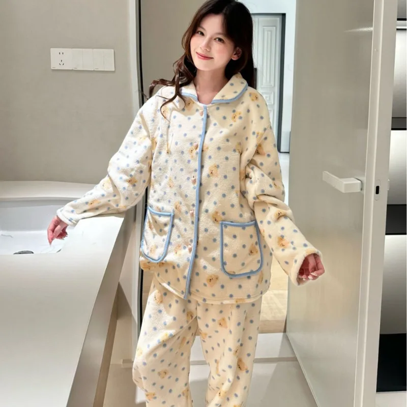 Women Girl Thick Warm Coral Fleece 26 Autumn Winter Sweet Polka Dot Print Pajamas 2piece Set Loungewear Nightgown Sleepwear